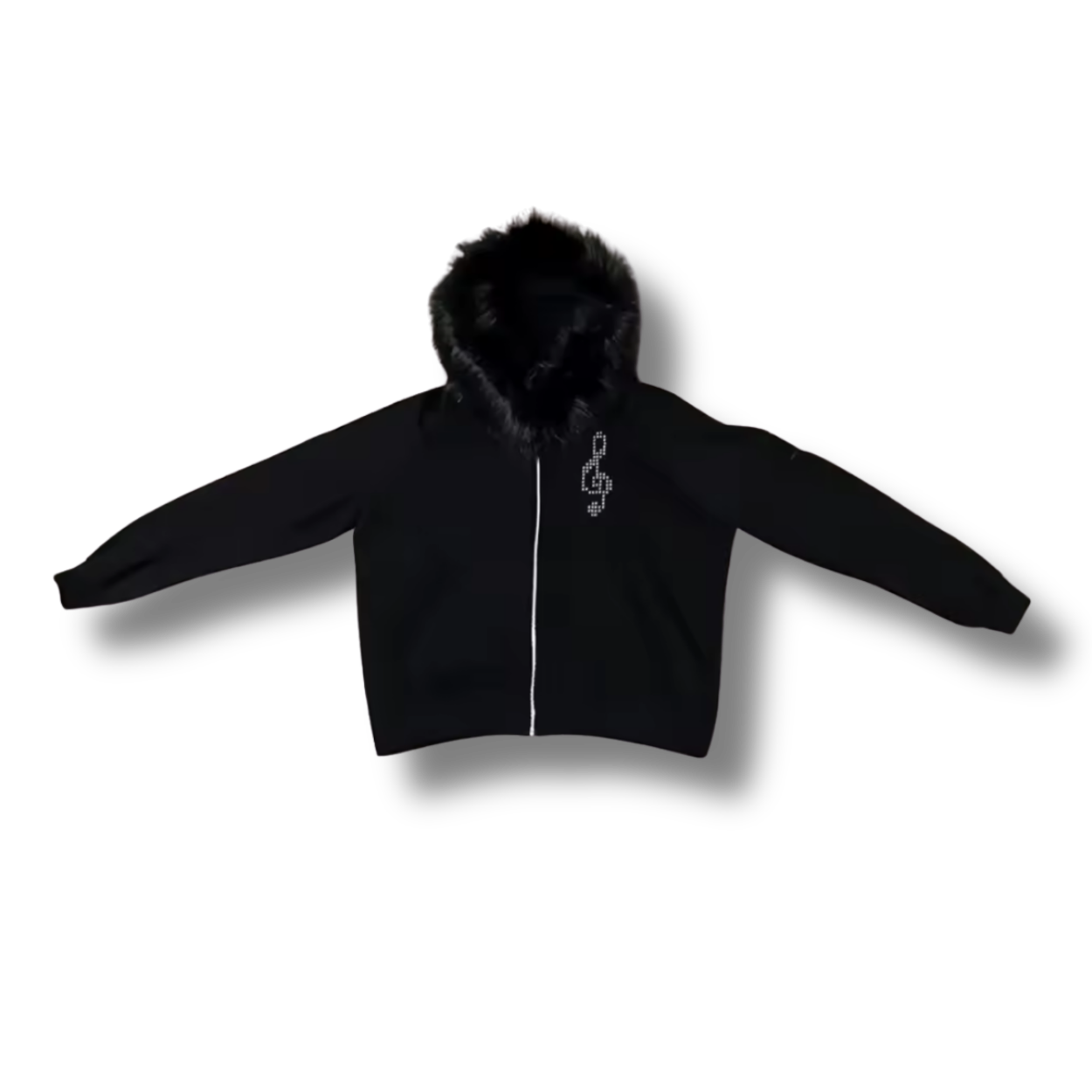 Music Note Black Fluffy Zip Up Hoodie