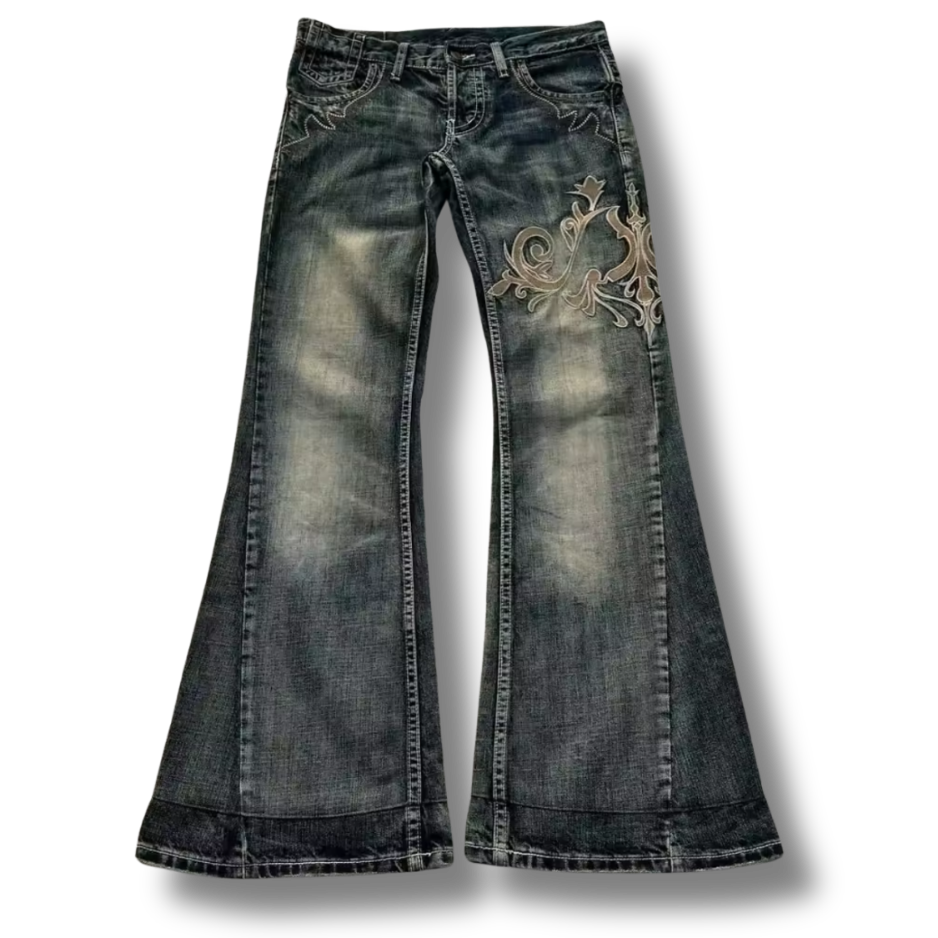 Floral Work Washed Flared Denim Jeans