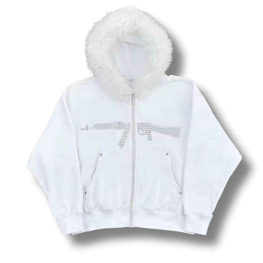 AK47 White Fluffy Zip Up Hoodie