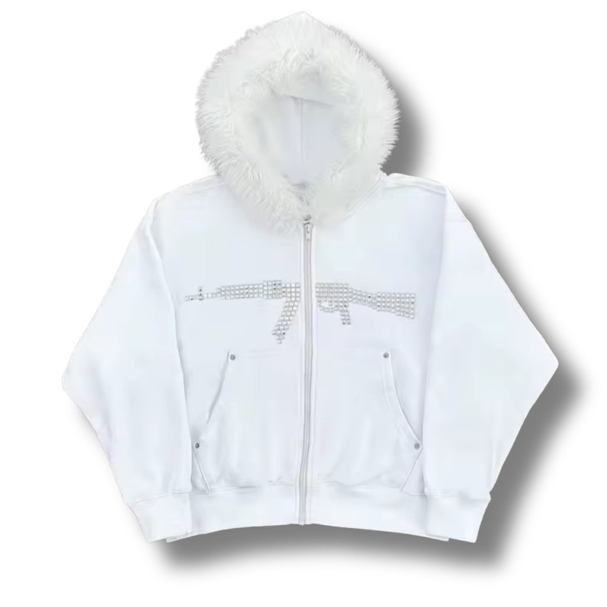 AK47 White Fluffy Zip Up Hoodie