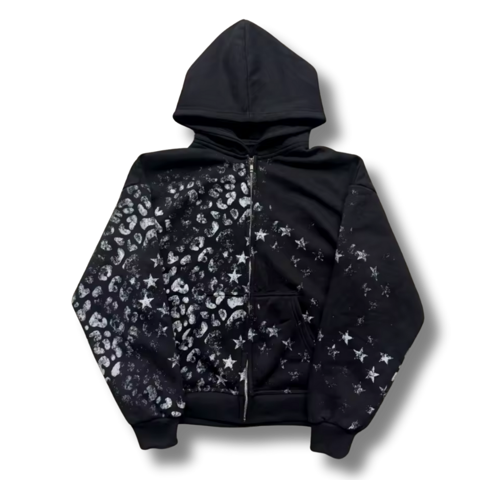 Leopard Stars Black Zip Up Hoodie