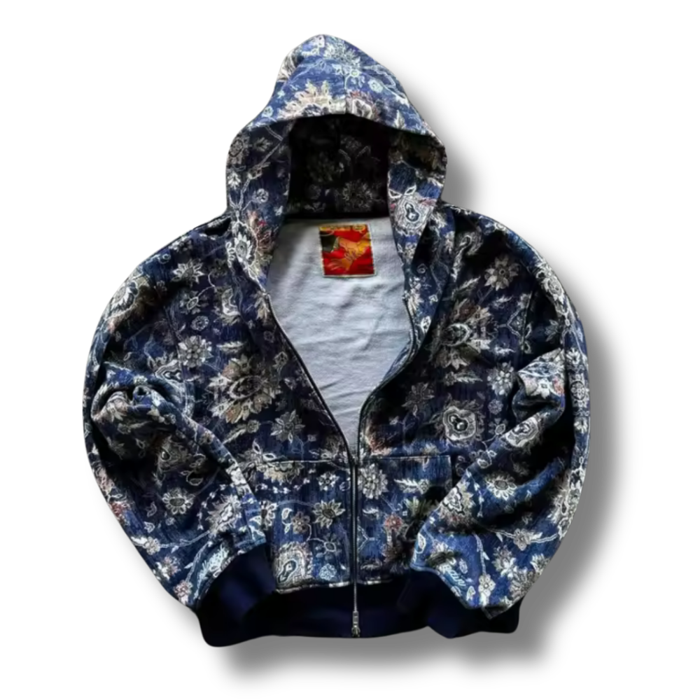 Blue Tapestry Washed Zip Up Hoodie