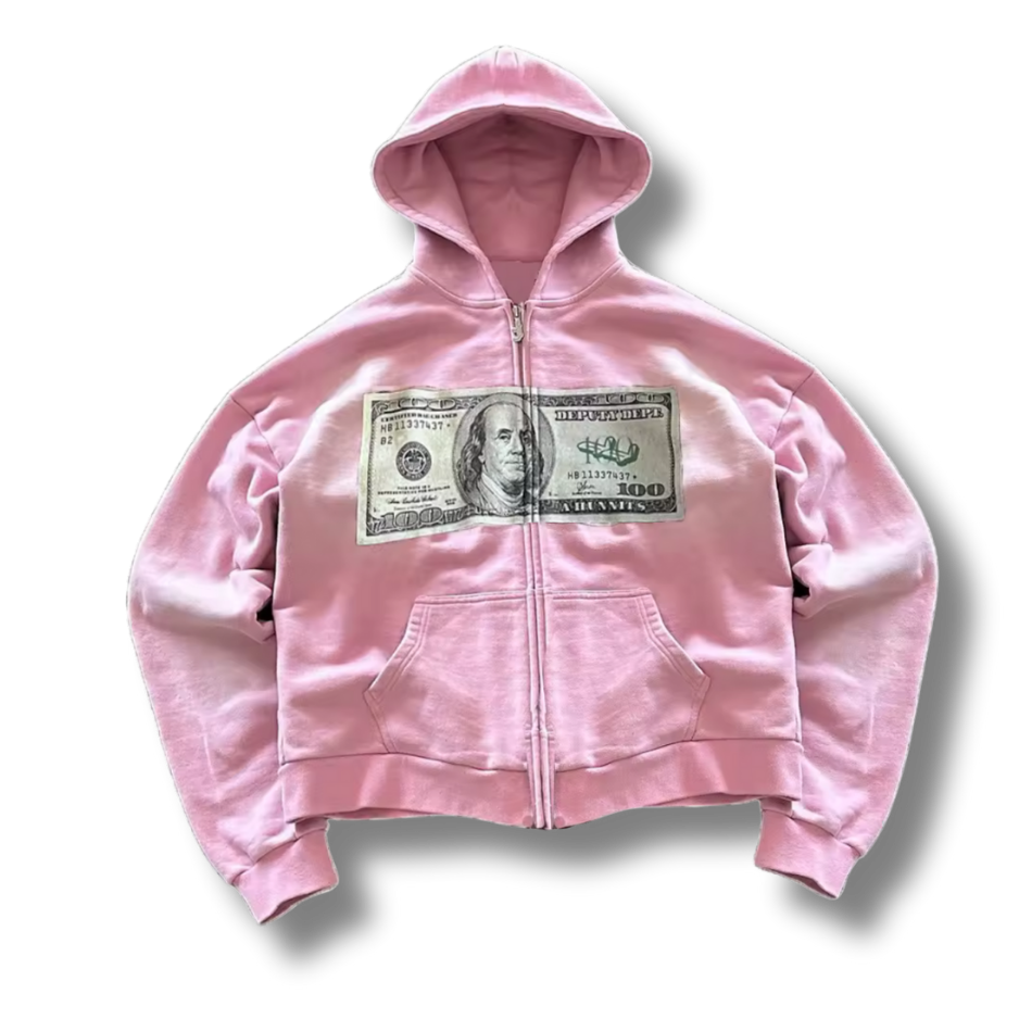 Dollar Bill Pink Zip Up Hoodie