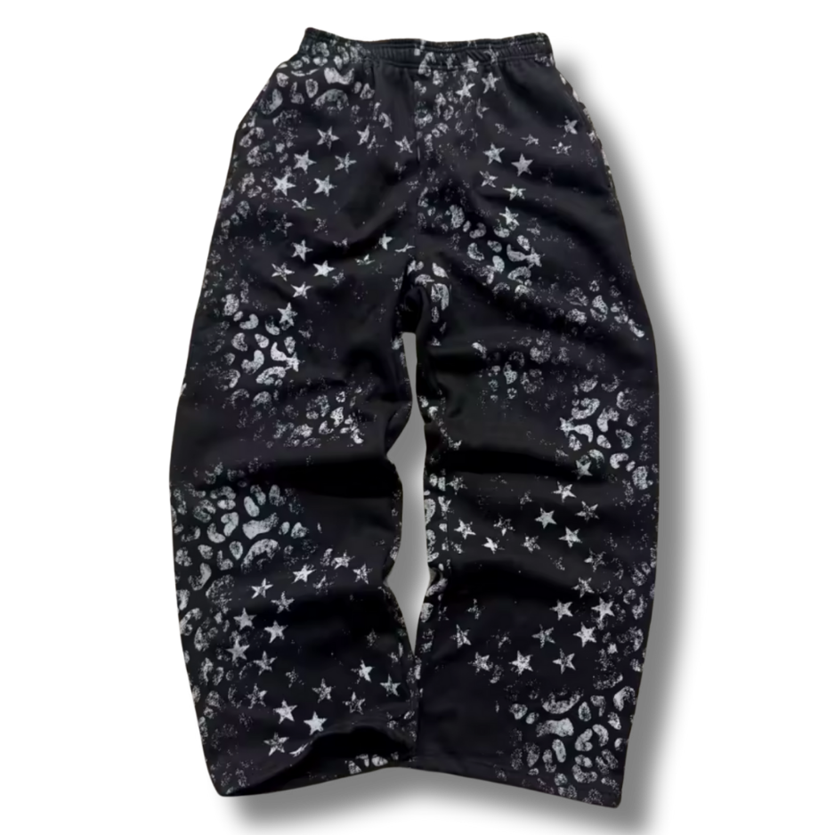 Black Leopard Star uncuffed Baggy Sweatpants