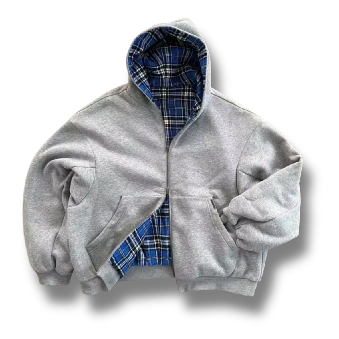 Grey & Blue Plaid Reversible Zip Up Hoodie