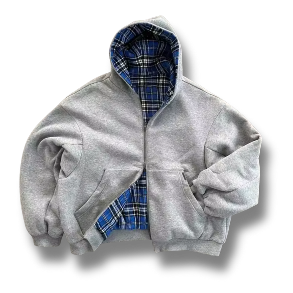 Grey & Blue Plaid Reversible Zip Up Hoodie