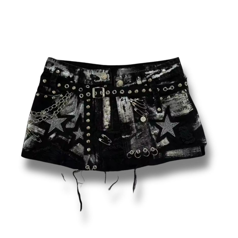 Black Star Buckle Denim Short Skirt