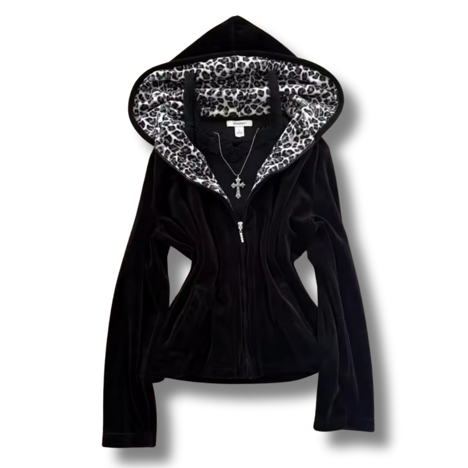 Black & Leopard Print Zip Up Hoodie
